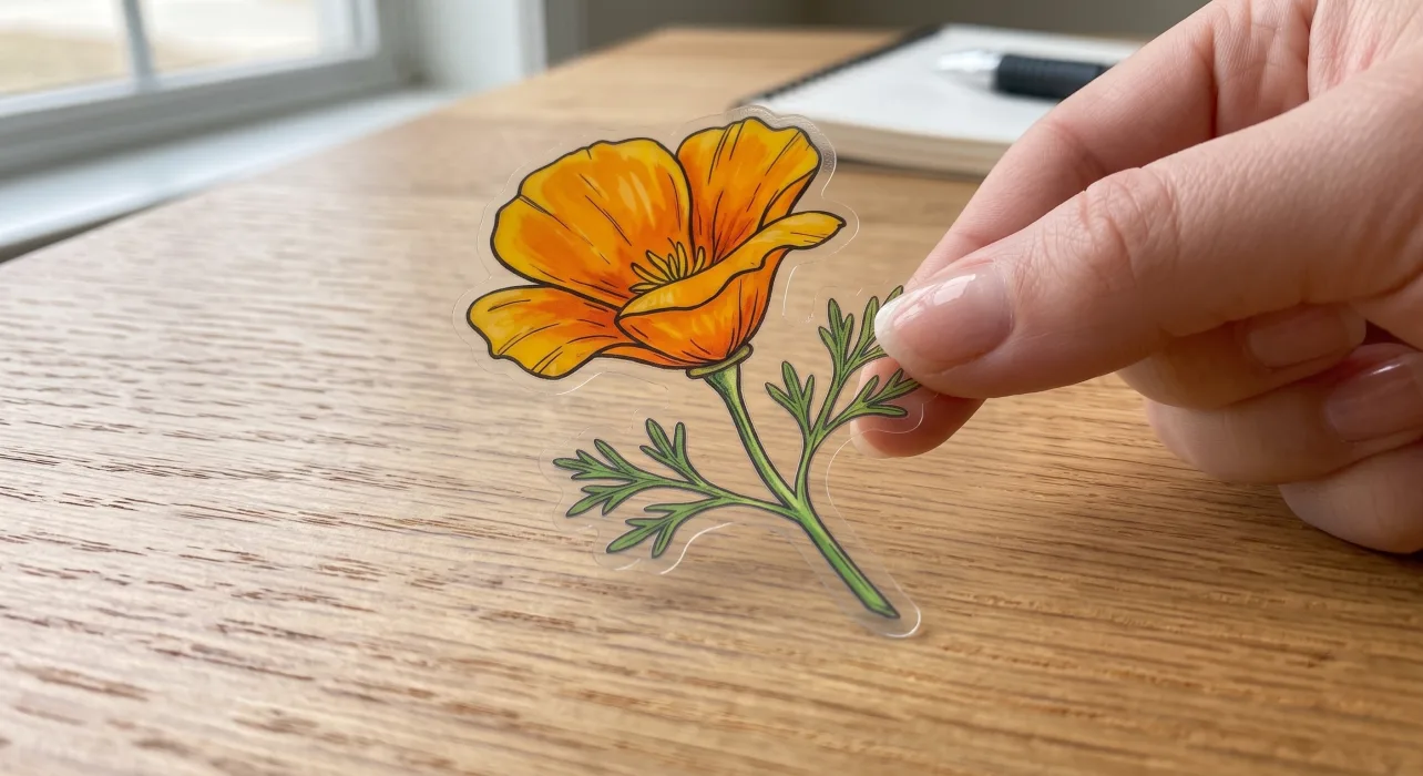 A clear vinyl sticker of an illustrated poppy flower being peeled up from a wood desk, the desk grain visible through the transparent film around the artwork.